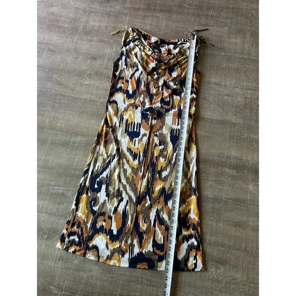 Tory Burch 100% Silk Ikat Print Midi Dress Women M Cowl Neck Tie Waist